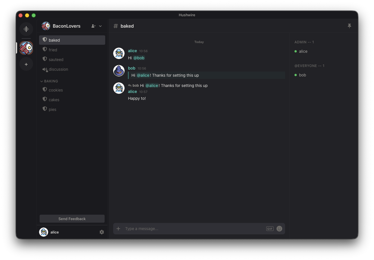 The Hushwire desktop app showing a community with text channels on the left, an encrypted conversation in the center, and the member list on the right.