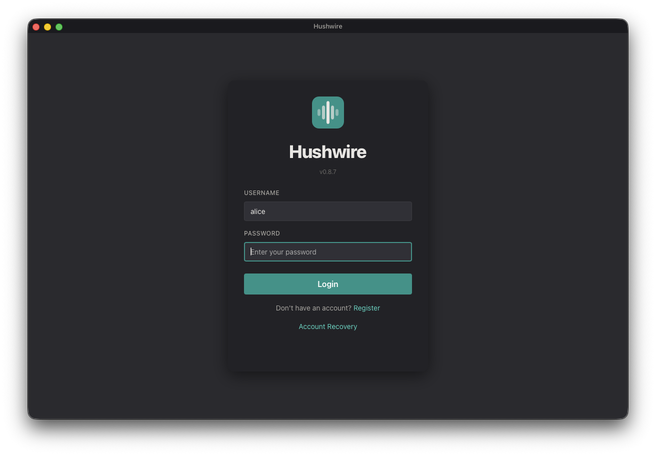 Hushwire login screen with username and password fields, plus Register and Account Recovery links.
