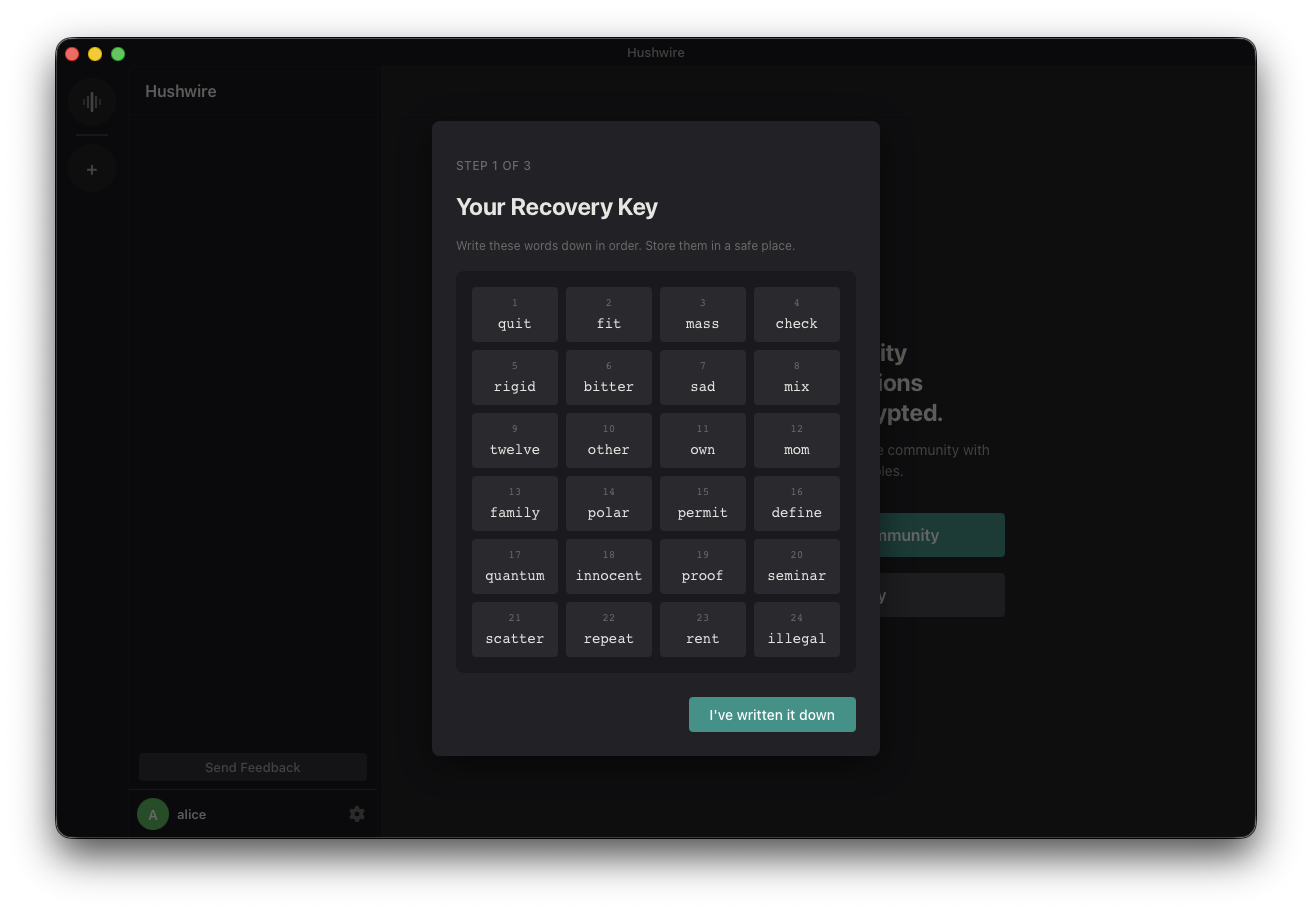 Hushwire account setup showing a 24-word recovery key laid out in a numbered grid for the user to write down.