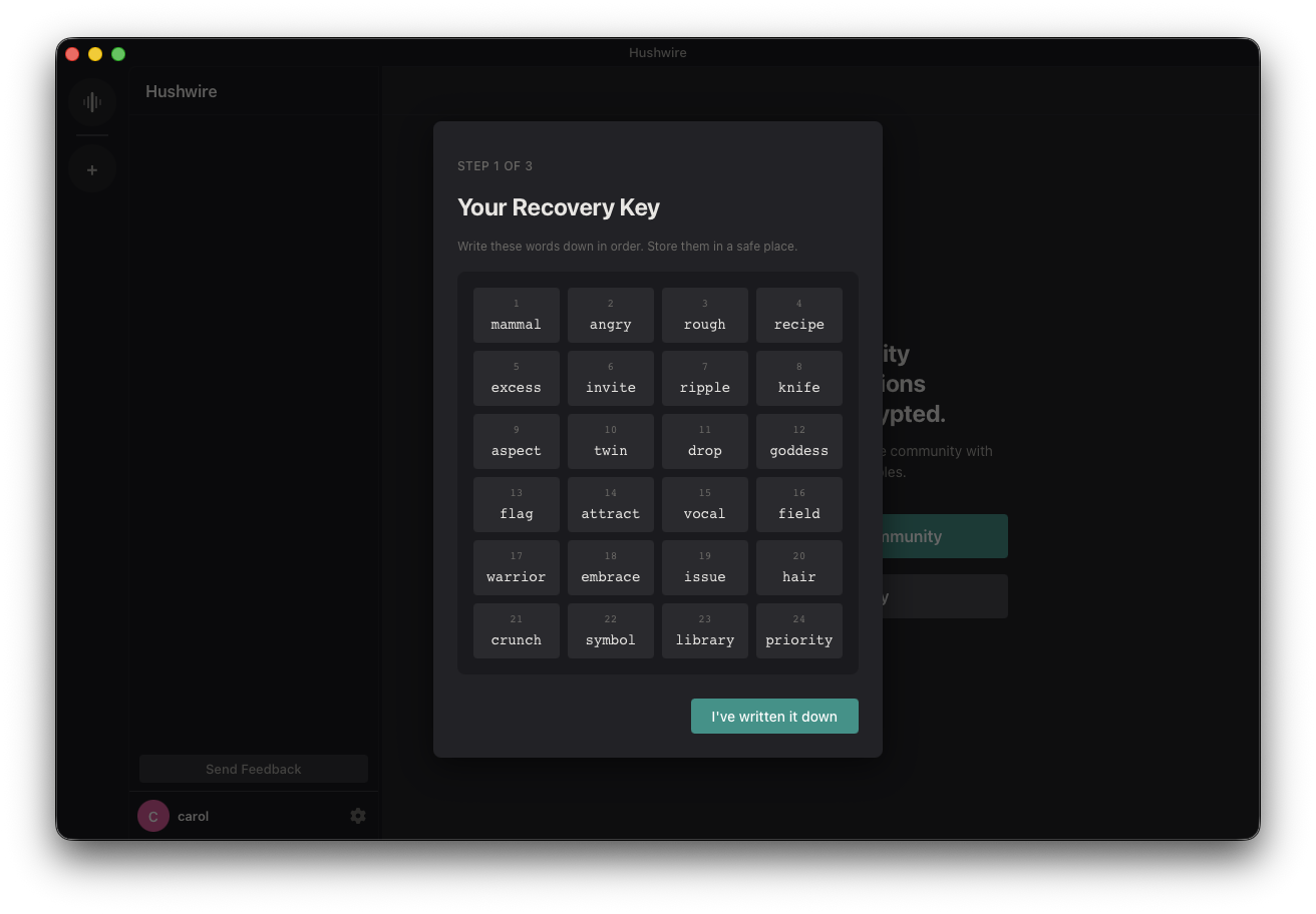 Step 1 of 3: the recovery key shown as 24 numbered words in a grid, with the instruction to write them down in order and store them in a safe place.