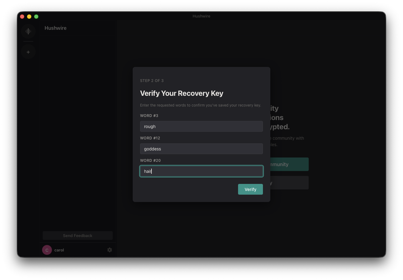Step 2 of 3: verifying the recovery key by typing the words at specific numbered positions.