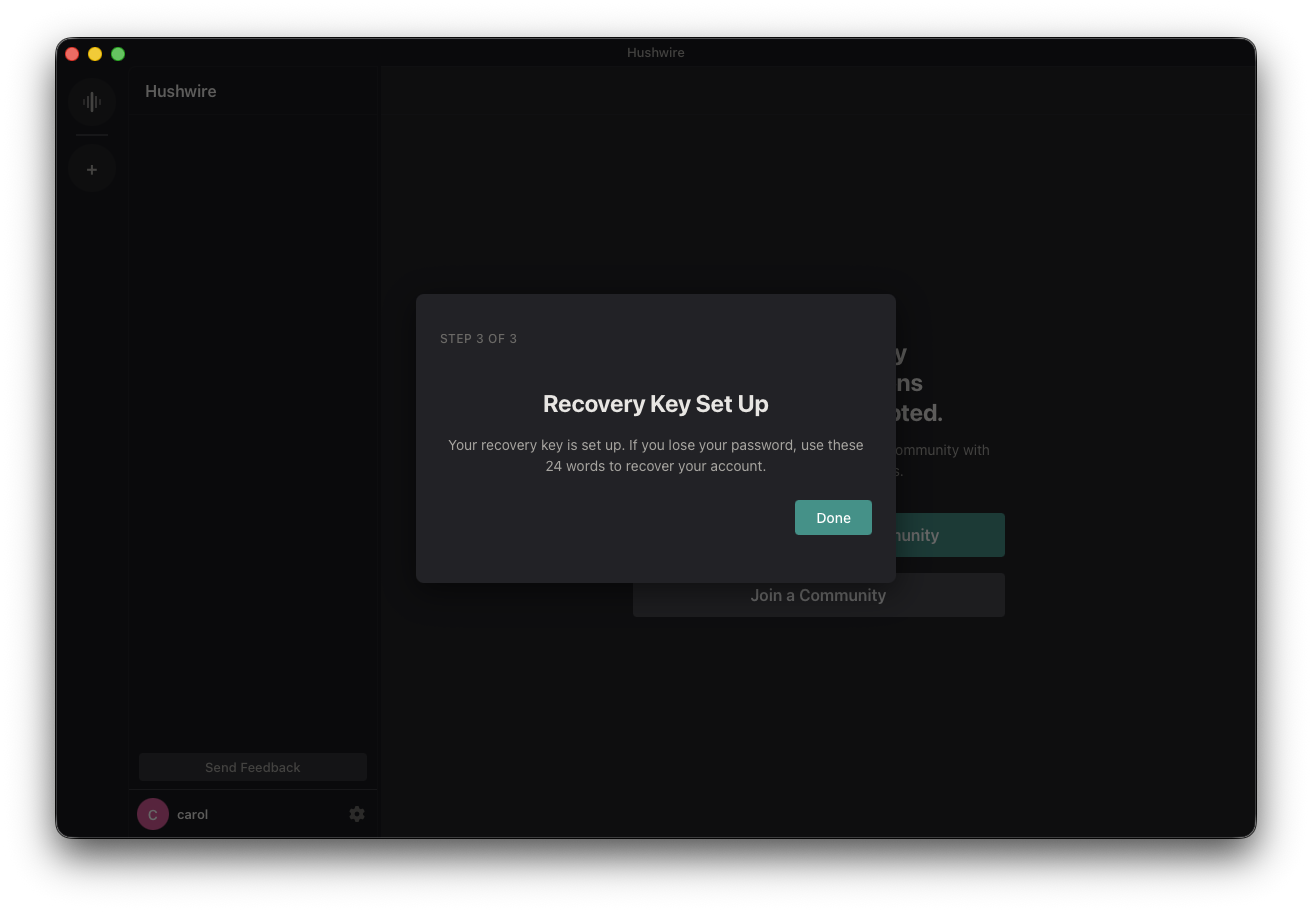 Step 3 of 3: a confirmation that the recovery key is set up.